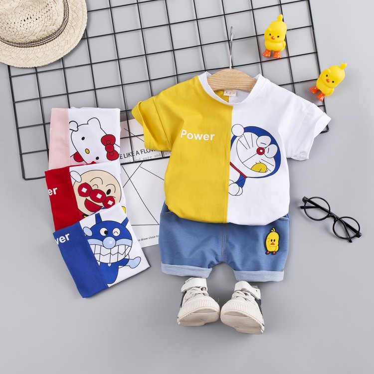Set Đồ Mùa Hè Gồm 2 Món Gồm Áo Thun Cotton Ghép Vải Caro Và Quần Ngắn In Họa Tiết Hoạt Hình Thời Trang Cho Bé Trai 2021