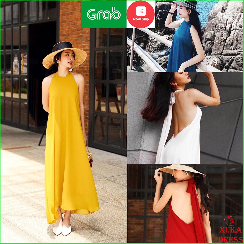 Đầm maxi cổ yếm dáng dài hở lưng có mút ngực hợp thời trang đi biển,du lịch XUKA-DRESS MT061 chất Lụa đẹp hàng 2 lớp