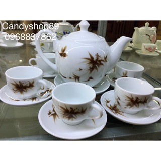 Bộ ấm chén minh long bát tràng vẽ cành trúc nâu