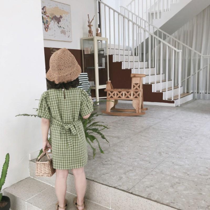 Đầm Cotton Ngắn Tay Kẻ Sọc Vuông Cho Bé Gái