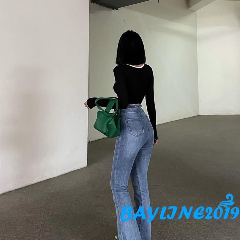 Áo Thun Tay Dài Dáng Ôm Cổ Vuông Xếp Ly Viền Xếp Ly Màu Tương Phản Phong Cách Pháp Thời Trang Cho Nữ