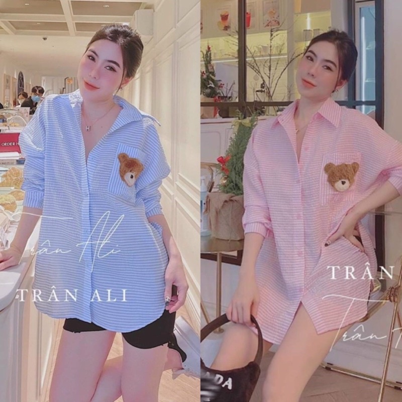 Áo sơ mi kẻ túi gấu form rộng