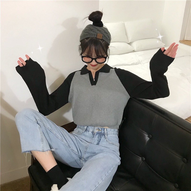 Áo kiểu ZHELIHANGFEI tay dài cổ polo dáng ngắn hở rốn dệt kim dễ phối đồ phong cách đi học thời trang