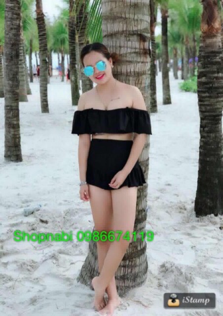 Set bikini rớt vai đen