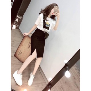 XẢ KHO SET ÁO COTTON CHÂN VÁY UMI IN CHỮ SAY YES