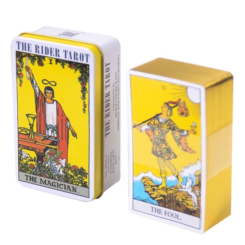 Bài Tarot The Rider Waite Tarot có hộp thiếc, bản có viền, cạnh lá bài mạ vàng óng ánh