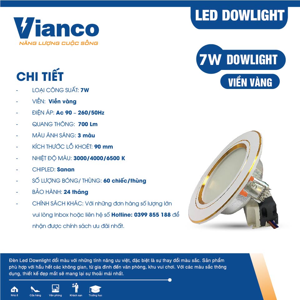 Đèn Led Âm Trần Downlight VIANCO 7W Làm Từ Hợp Kim Nhôm Cao Cấp, Thiết Kế Hai Loại Đế Viền Đổi Màu