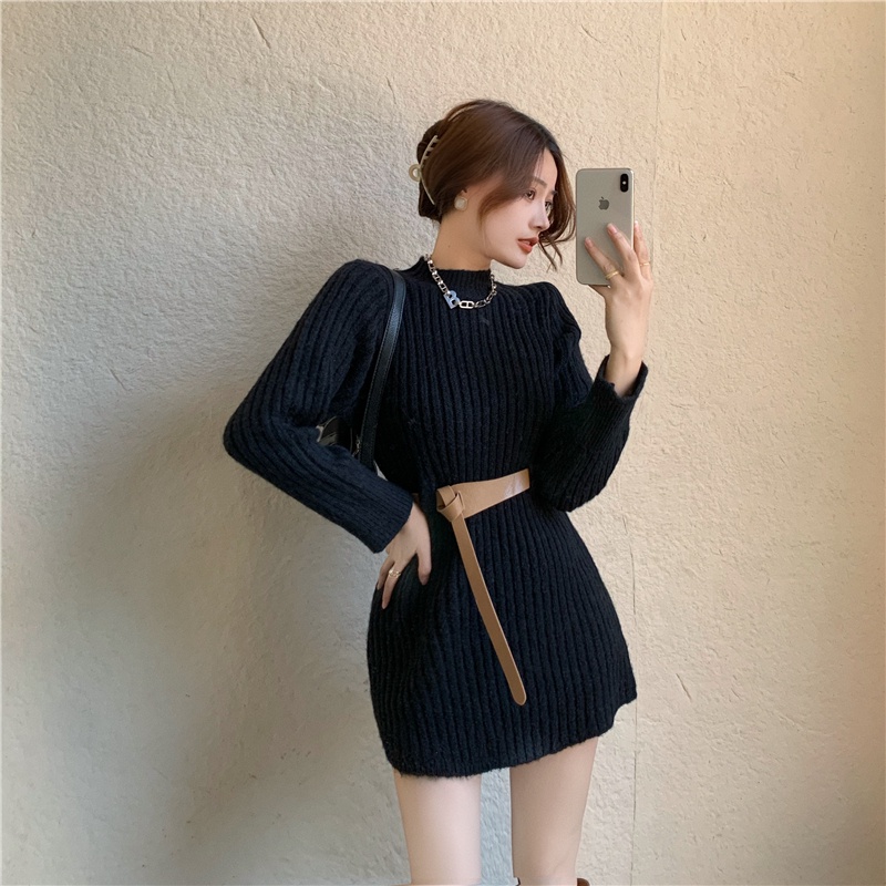 Đầm len cổ tròn ôm eo phối thắt lưng phong cách Hàn Quốc