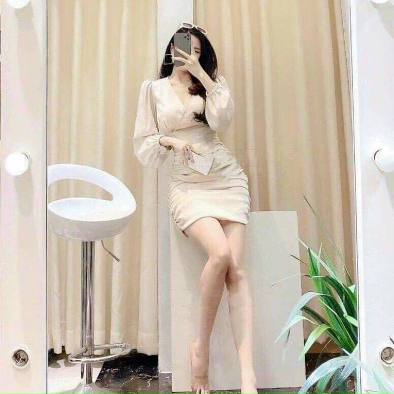 đầm kiểu sơ mi tay dài fom ngắn nhúm bên