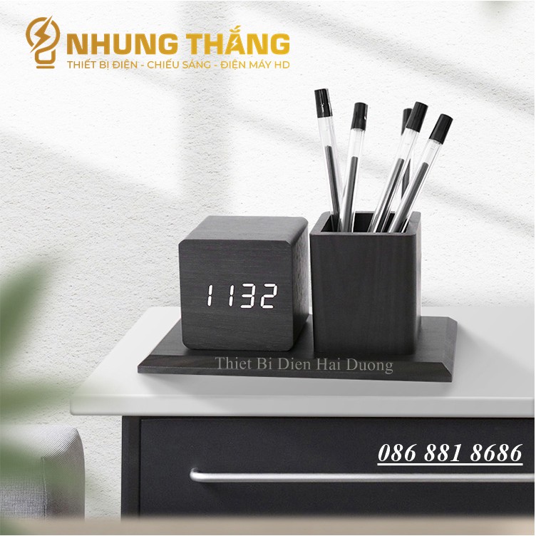 Đồng Hồ Gỗ Led Để Bàn Hình Vuông Bằng DH-96 - Kiêm Ống Đựng Bút - 4 Màu Thanh Lịch - Trang Trí Decor Vintage Căn Phòng