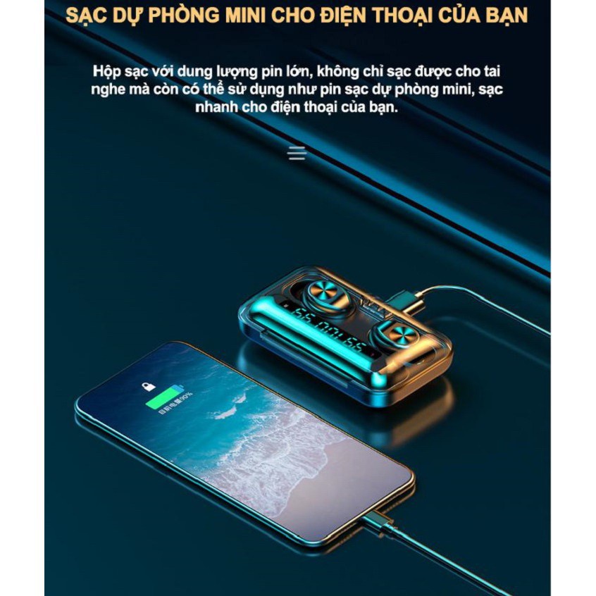 Tai nghe bluetooth cao cấp V5.1 F9-10 2 tai cảm ứng có mic đàm thoại âm thanh công nghệ TWS tặng kèm dock sạc