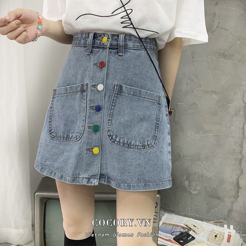 Chân Chân Váy Denim Lưng Cao Dáng Chữ A Phối Nút Nhiều Màu Xinh Xắn