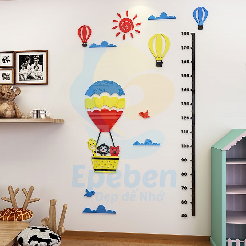 Tranh dán tường mica 3d decor khổ lớn thước đo chiều cao cho bé đo chiều cao bay cùng khinh khí cầu Nhiều Size - EPeBen