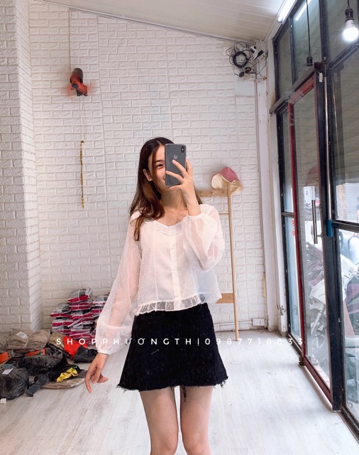 Áo sơmi voan tơ chấm bi - sơmi tiểu thư vintage (hình shop tự chụp/sẵn)