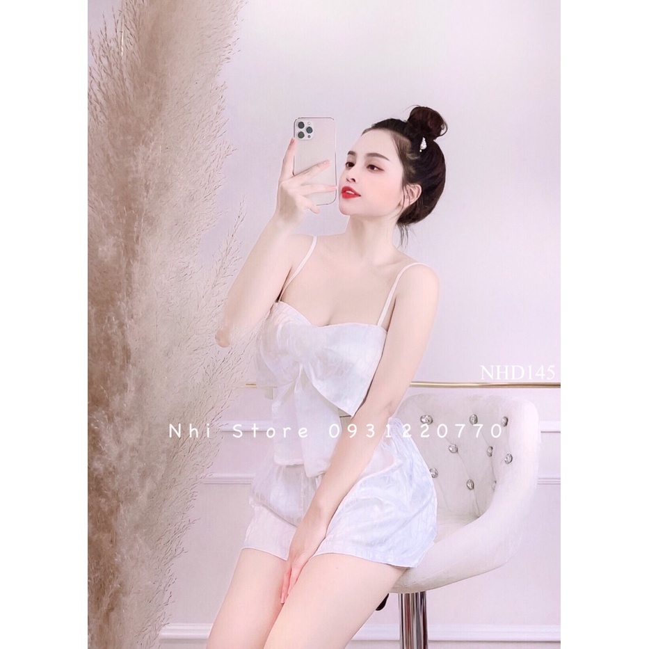 [FREESHIP 50K] Set Bộ Kiểu Nhistore Áo Croptop 2 Dây Nơ Ngực Quần Short Lưng Cao Họa Tiết Gấm Nổi Freesize Dưới 57kg