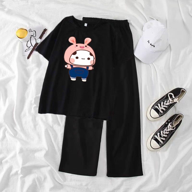 Sét Áo cậu bé mũ hồng + quần suông ống rộng , Áo thun from rộng, Chất đẹp không xù, Sét bộ mặc ở nhà - MODY