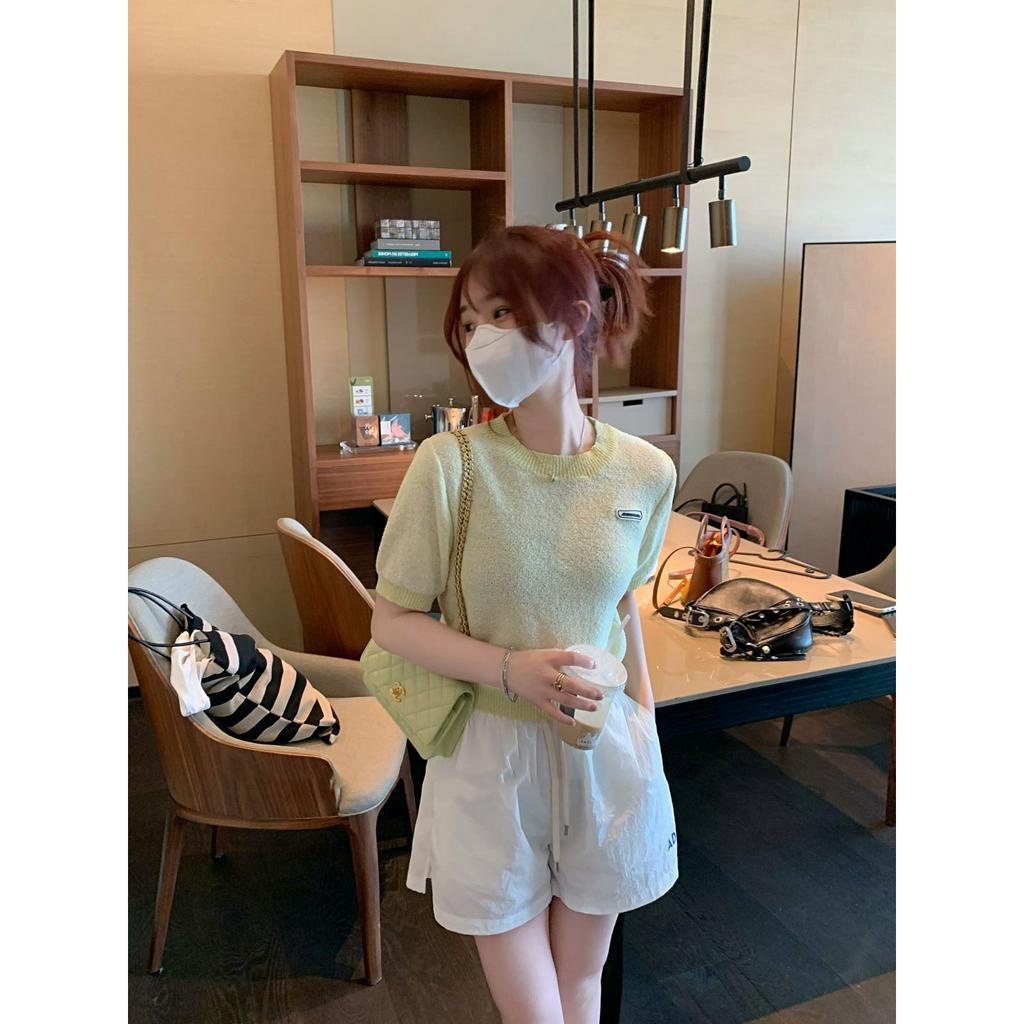 ZHELIHANGFEI Áo Sweater Cổ Tròn Tay Ngắn Dáng Ôm Vừa Vặn Màu Trơn Cho Nữ