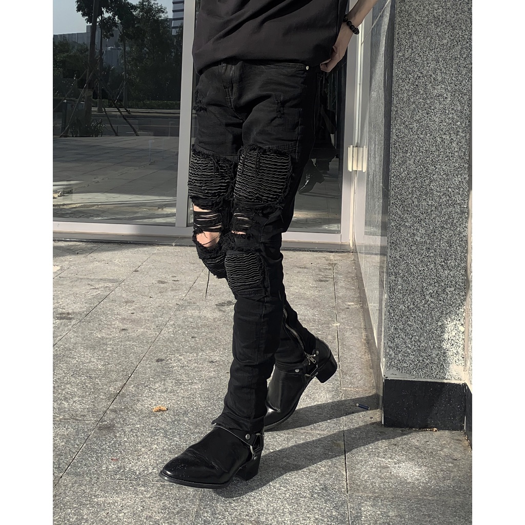 Quần jean zipper đen rách kiểu ( QJ34)