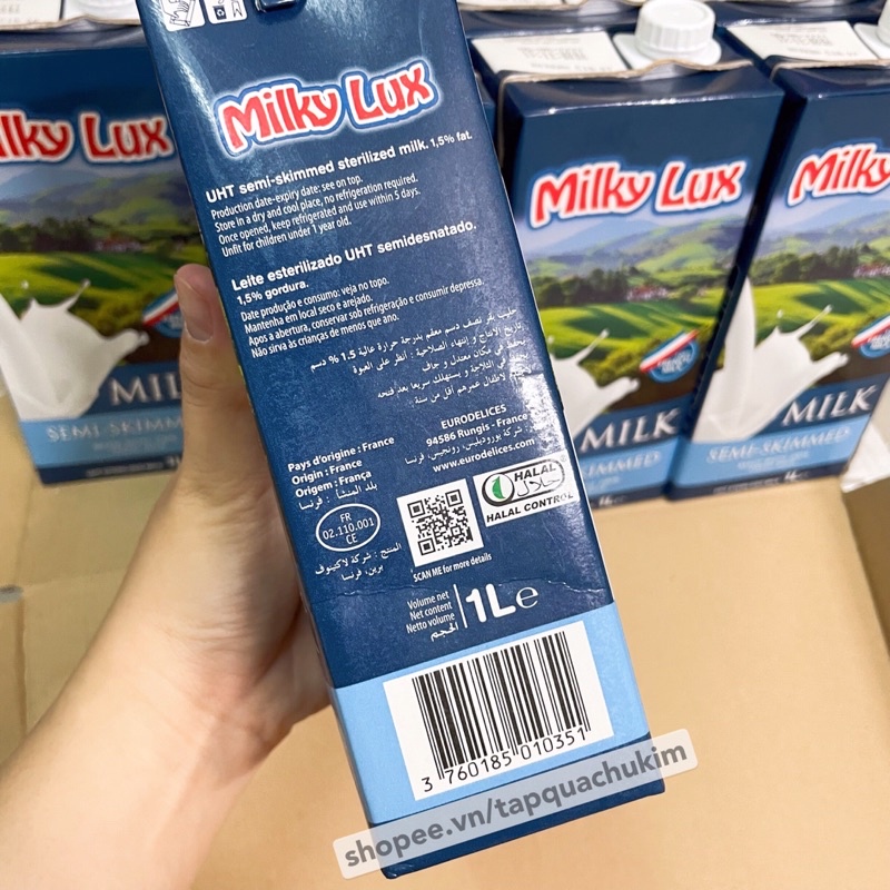 COMBO 3 HỘP Sữa tươi không đường ÍT BÉO 1.5% MILKY LUX 1L tiệt trùng Pháp có tem phụ