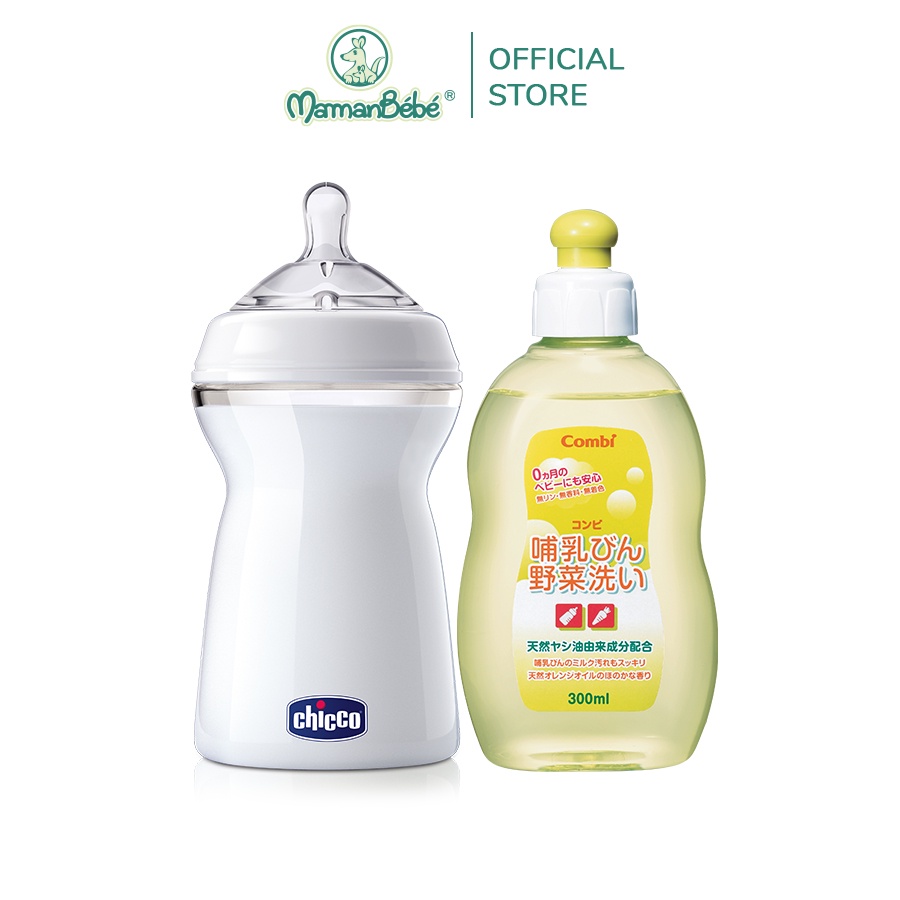 Combo 2 đồ Bình sữa Natural Feeling 6M+ Chicco chảy nhanh 330ml &amp; Dung dịch rửa bình sữa, rau củ quả từ dầu cọ Combi