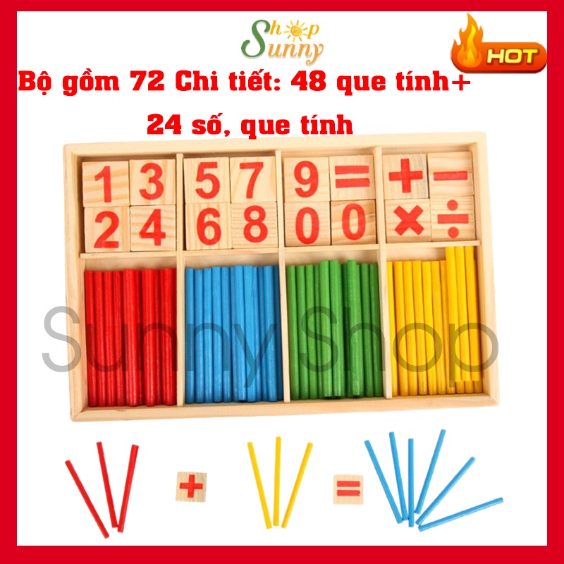 Hộp Bộ que tính học toán cho bé bằng gỗ 72 chi tiết- Đồ chơi toán học Montessori thông minh cho bé lớp 1 KT 23x15cm