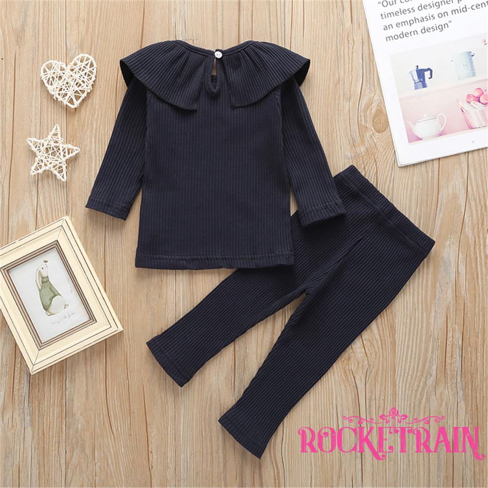 Set áo thun dài tay nhún bèo + quần legging đáng yêu cho bé gái