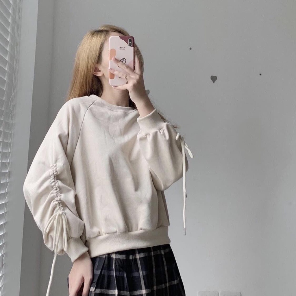 Áo nỉ sweater nữ tay bồng kiểu dây rút ulzzang chất nỉ nhung Quảng Châu [Nhiều màu ]- Áo kiểu nữ Kyubi Shop - ATK033