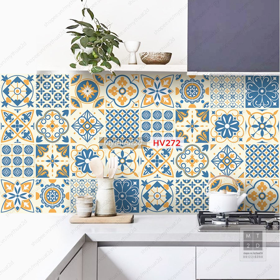 Decal gạch bông dán bếp dán tường, màu Vintage tiles, 120x60cm/set, Mua 3 Tặng 1