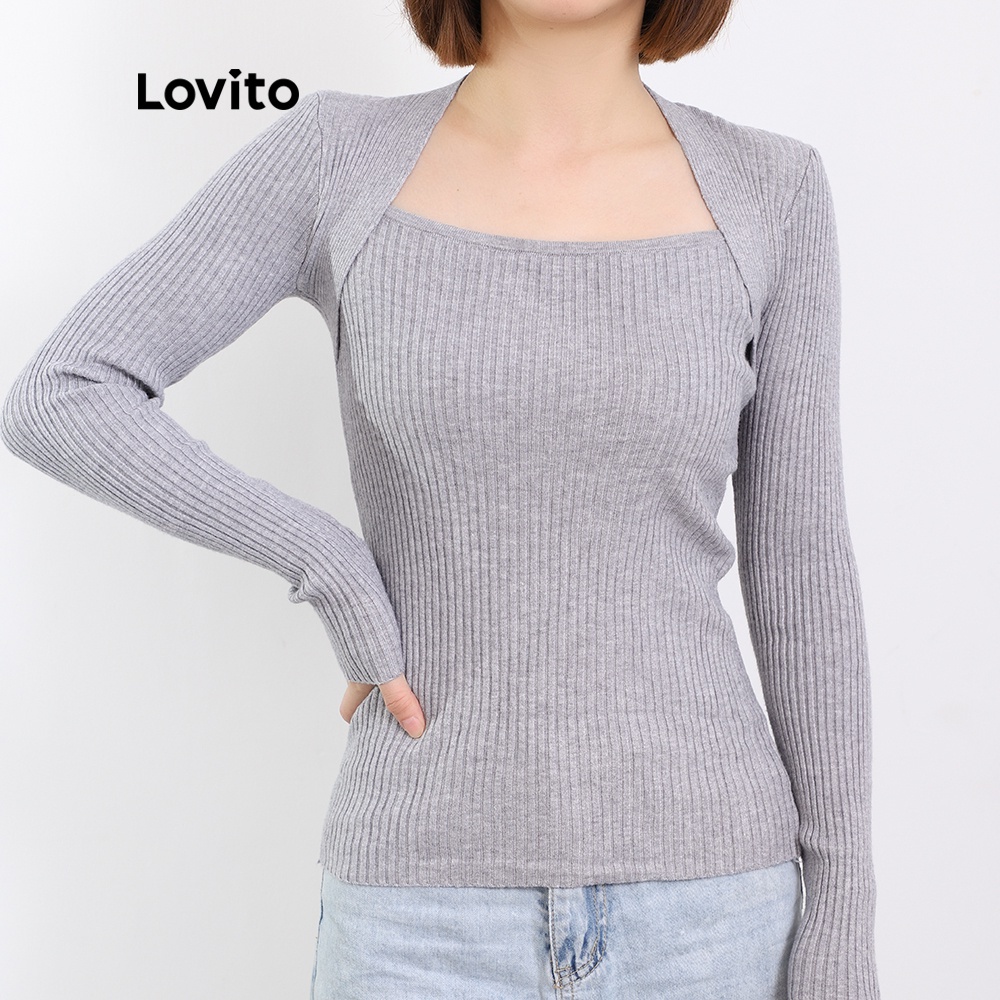 Áo sweater Lovito dáng ôm tay dài cổ vuông giản đơn duyên dáng hợp thời trang L08219 (be/cà phê)