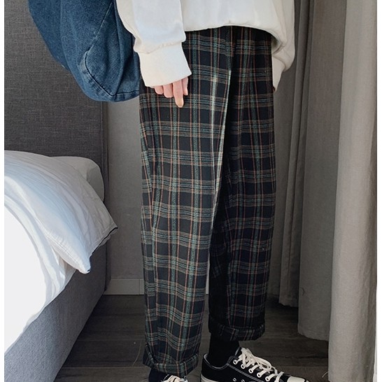 Quần Baggy Nam Nữ Kẻ Caro PLAID Ống Suông Unisex - Kiểu quần baggy nữ vải Plaid kẻ caro dáng suông rộng DERI store