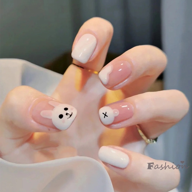 [Hàng mới về] Bộ 24 móng tay giả họa tiết thỏ hoạt hình dễ thương thời trang