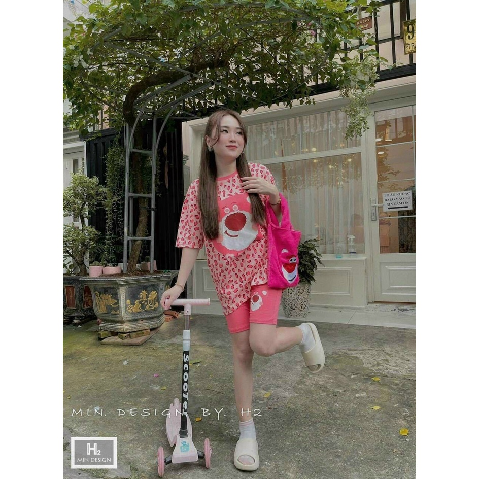 sét bộ đùi in gấu áo cổ tròn ngắn tay