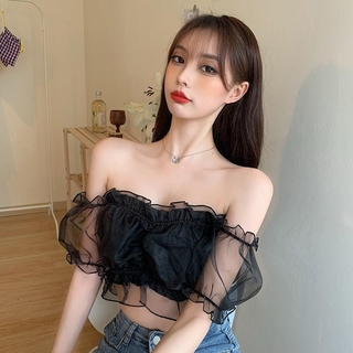 Áo croptop trễ vai phối lưới màu đen quyến rũ