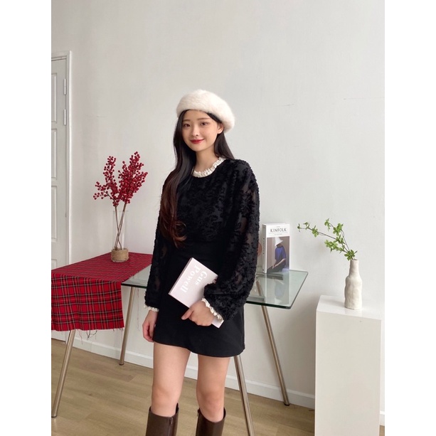 Ceicei Top - áo lông phối ren 2 màu đỏ, đen