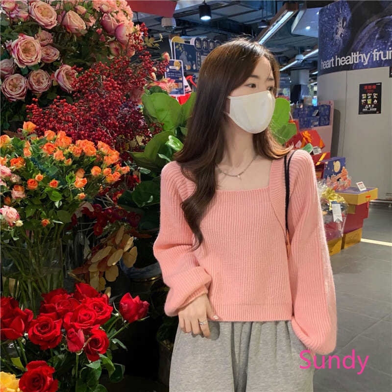 Áo Dệt Kim Tay Dài Cổ Vuông Đơn Giản Thời Trang Mùa Thu Phong Cách Hàn Quốc Cho Nữ