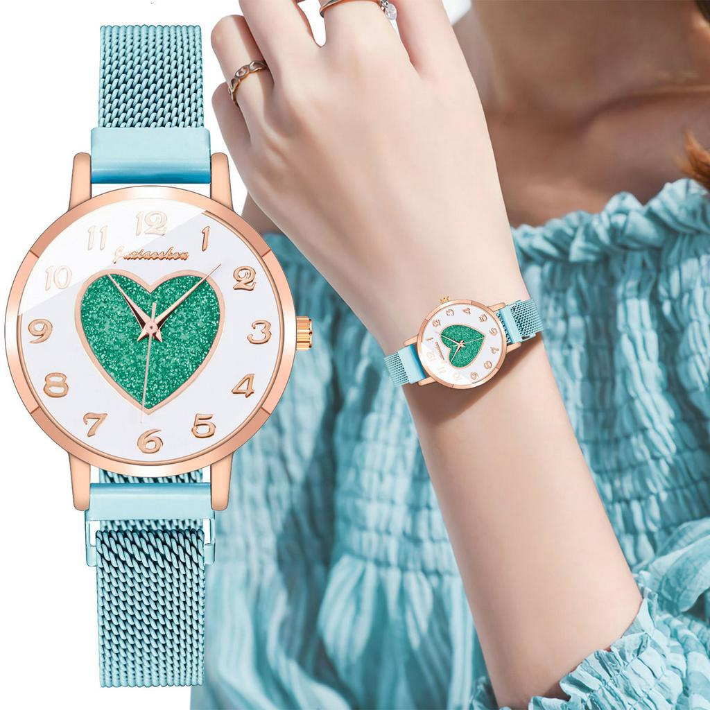Đồng hồ khóa nam châm mặt hình trái tim chất liệu thép không gỉ