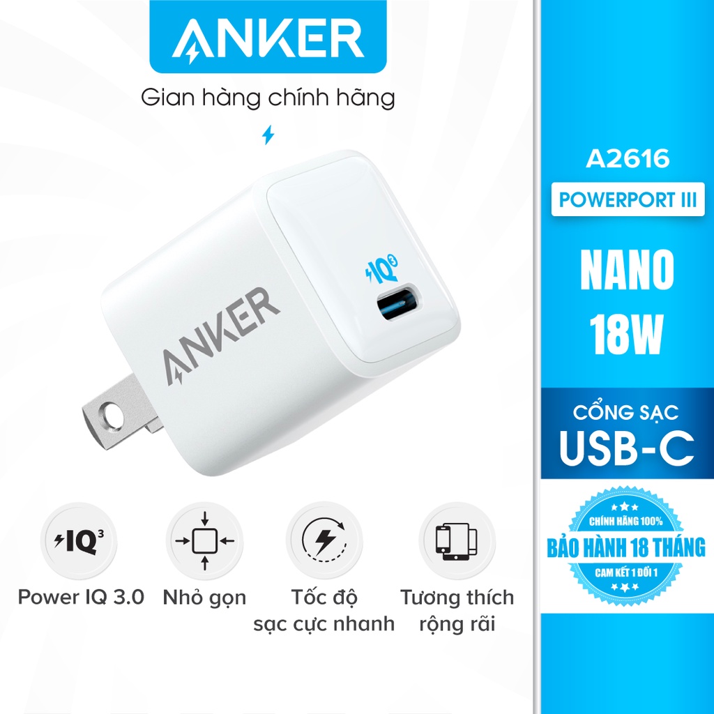 Sạc ANKER PowerPort III Nano 18W 1 cổng USB-C PiQ 3.0 tương thích PD - A2616