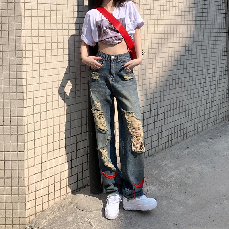 [Hàng oorder] Quần jeans dài ống suông rộng was rách màu xanh cổ điển Retro, cá tính, năng động, Hàn Quốc