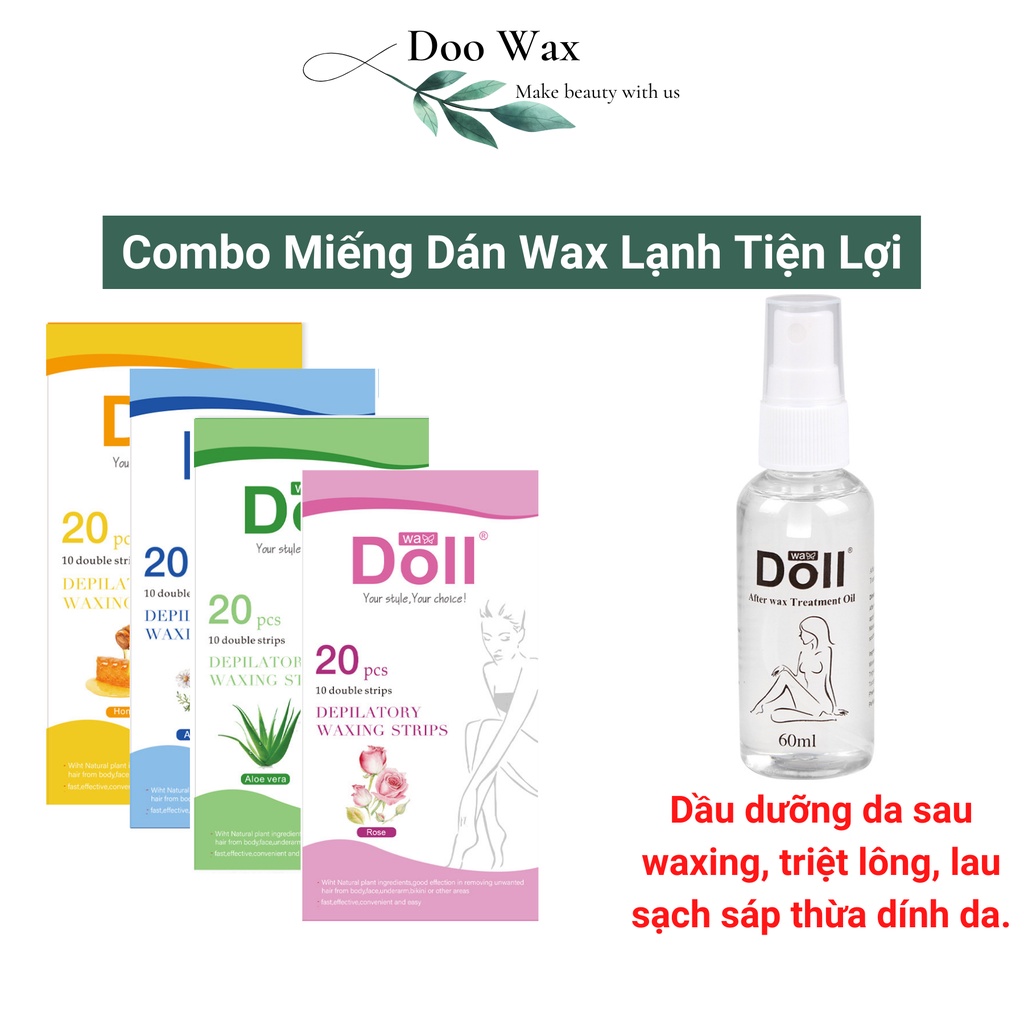 Miếng dán tẩy lông DollWax wax lạnh dùng cho cơ thể tay chân trừ nách- Combo mỡ trăn dầu dưỡng da sau waxing