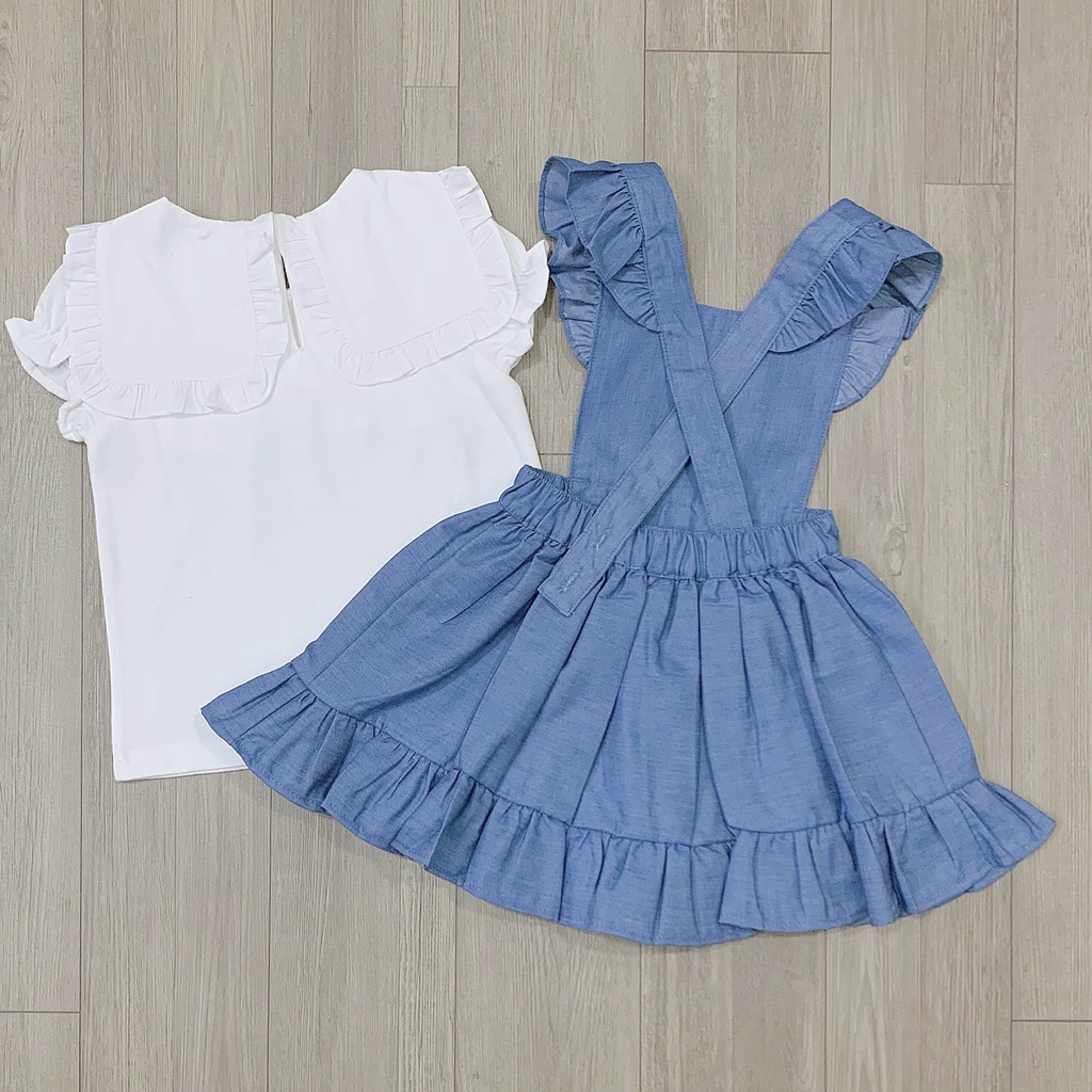 Sét bộ bé gái xuất Hàn Milk Mile yếm jean giấy kèm áo trắng cổ hoa (BO470)