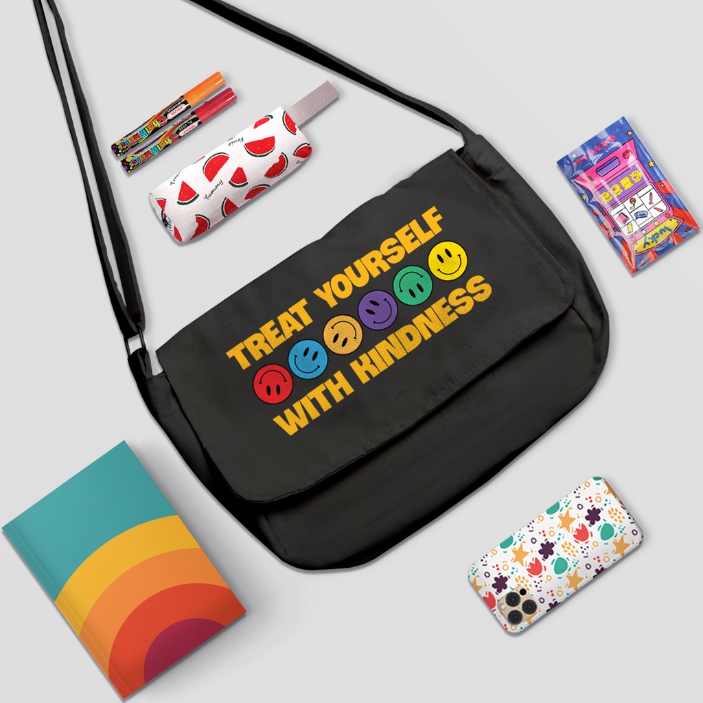 Túi Đeo Chéo Đen Vải Canvas Treat Yourself Đựng Sách Vở, Giấy A4 Phù Hợp Đi Học, Đi Chơi