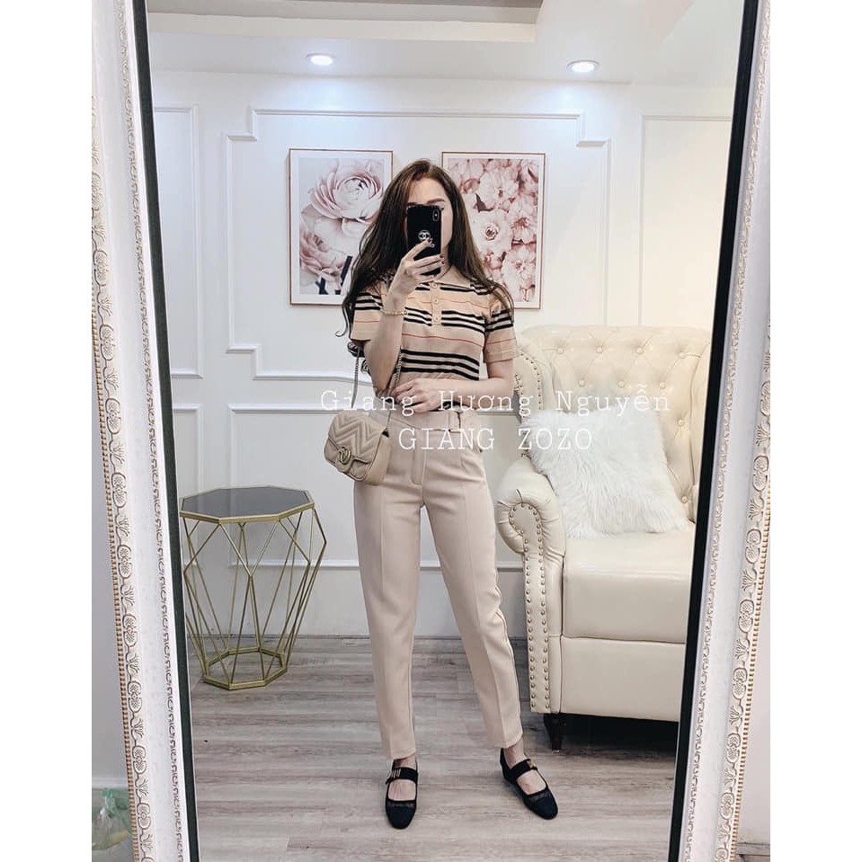 Áo kẻ Quảng châu pha sọc cổ bẻ cộc tay ( Mặc Nên Tôn Trắng Da )