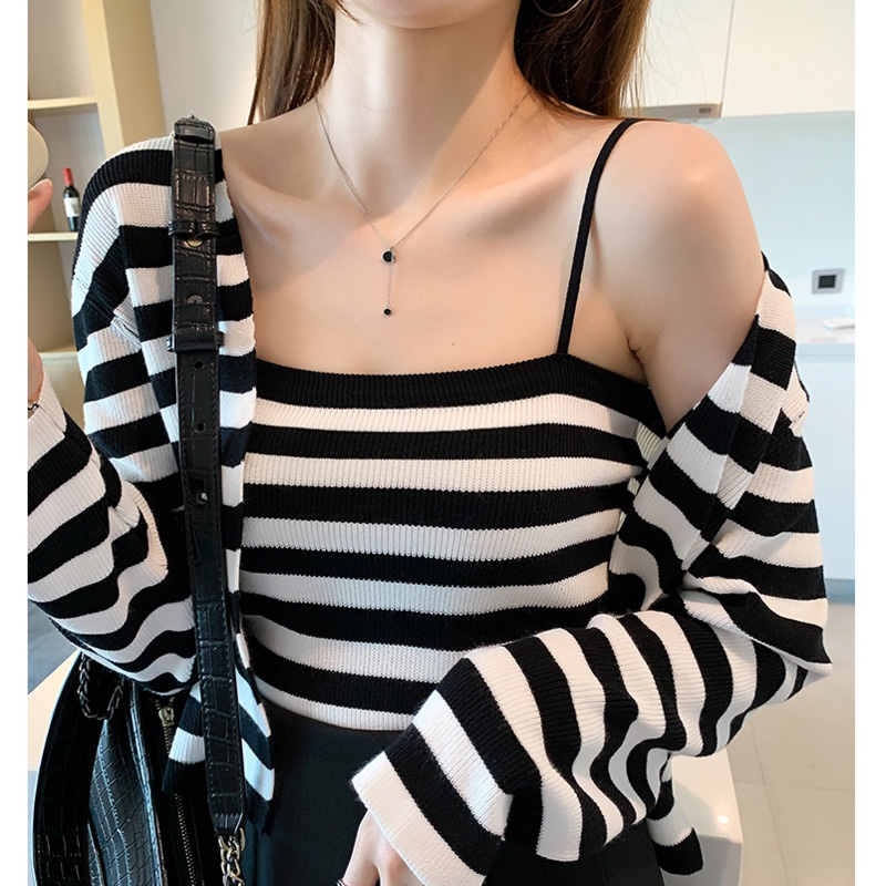 Set Áo Cardigan Tay Dài Kẻ Sọc + Áo Hai Dây Ngắn Phong Cách Hàn Quốc Thời Trang Mùa Thu Mới Cho Nữ