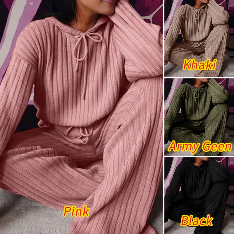 Set áo hoodie ZANZEA dài tay có mũ trùm đầu và quần phối dây rút lưng cao màu sắc đơn giản phong cách thể thao cho nữ