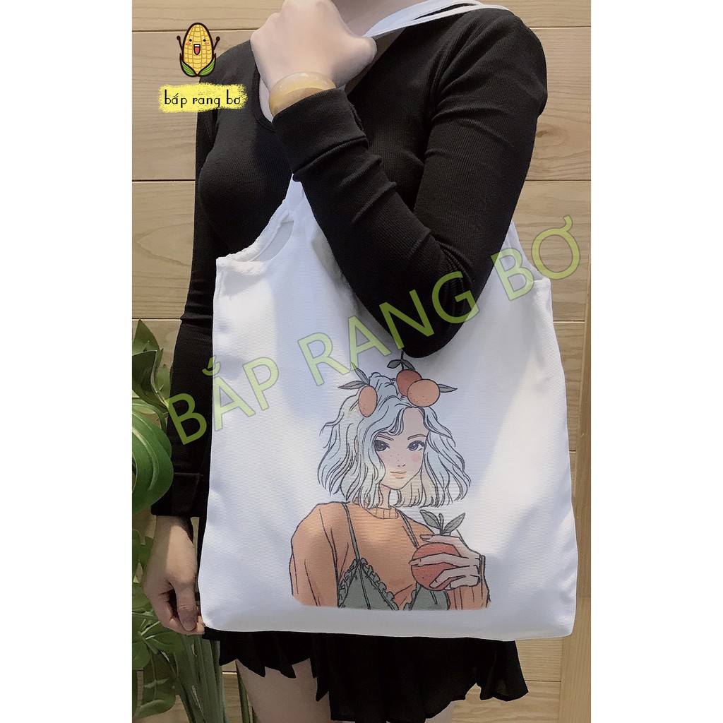 TÚI TOTE ĐEO VAI CÔ GÁI QUẢ CAM FLOWER GIRL (CÓ TÚI CON) - ĐỂ SÁCH A4- VẢI CANVAS QUAI TRÒN