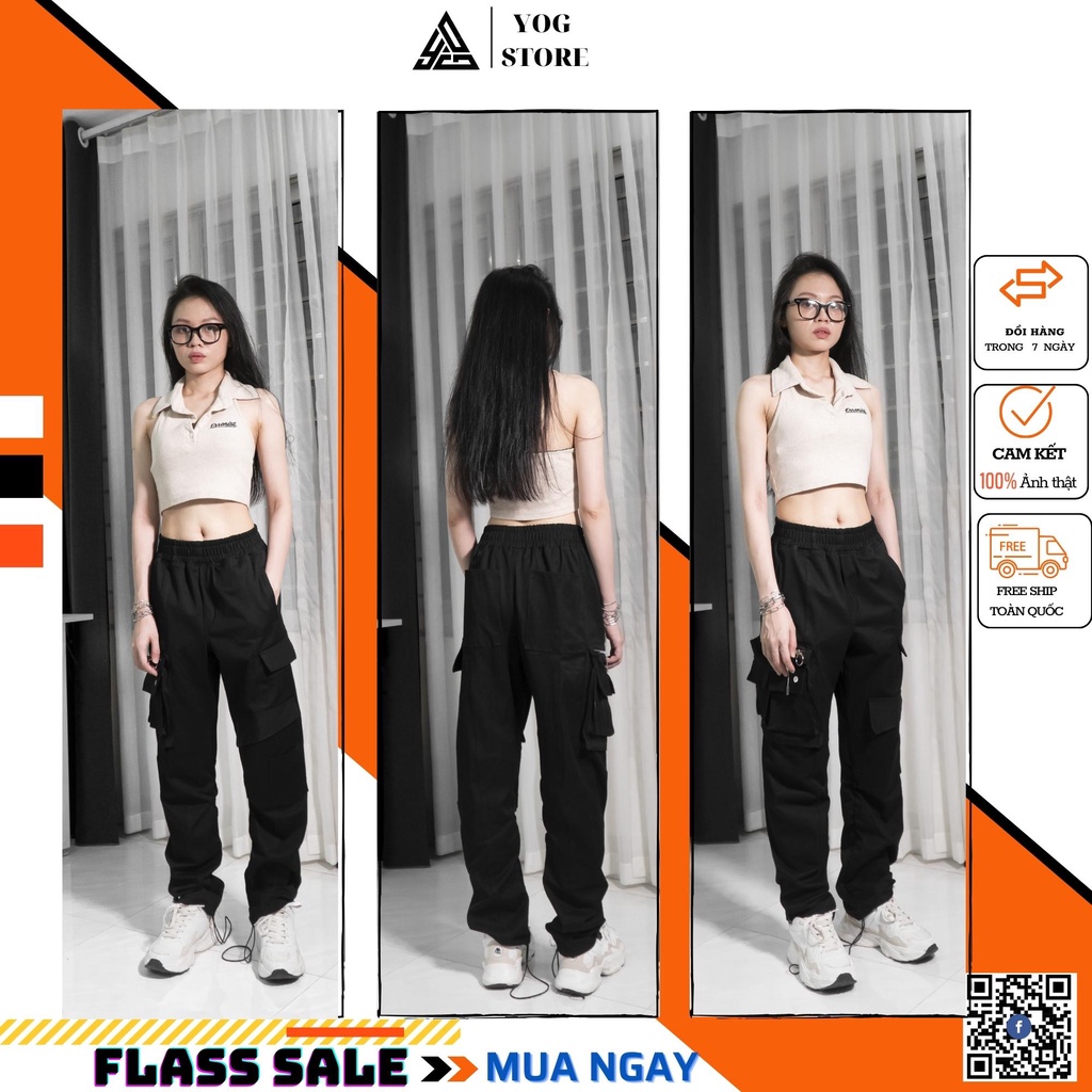 cargo pants - quần kaki ống rộng cạp cao túi hộp nhiều túi màu cam dáng suông hack dáng phong cách Âu Mỹ  YOG