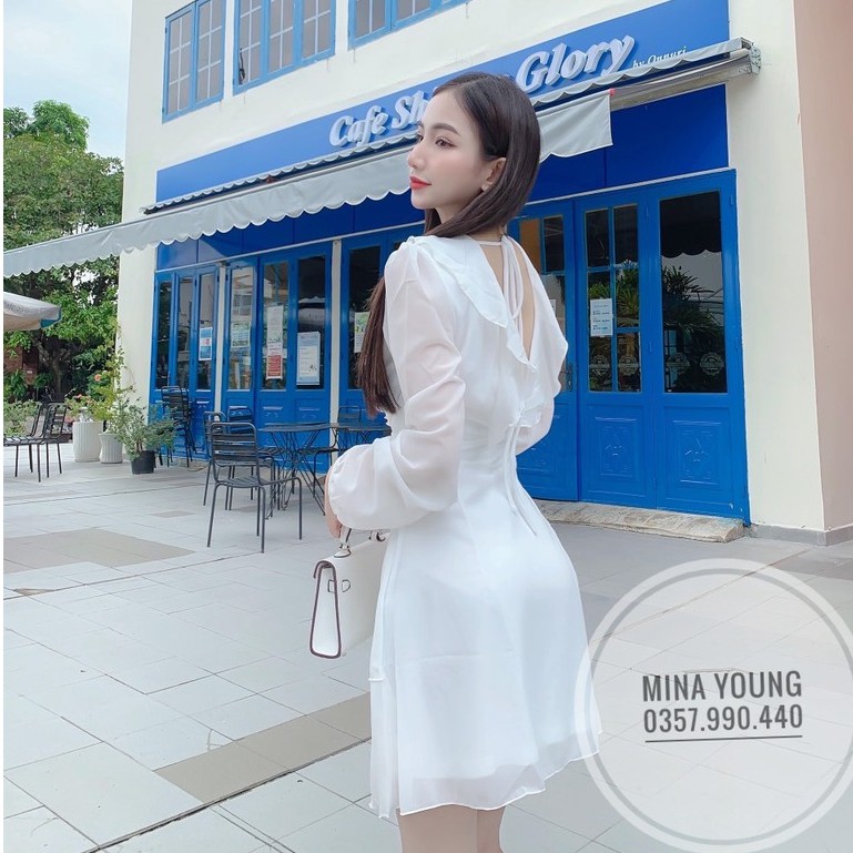 Váy trắng nữ tay dài, chât voan lụa 2 tầng, mềm mịn cổ V bèo ( Hình, clip sản phẩm) - Mina Young Shop