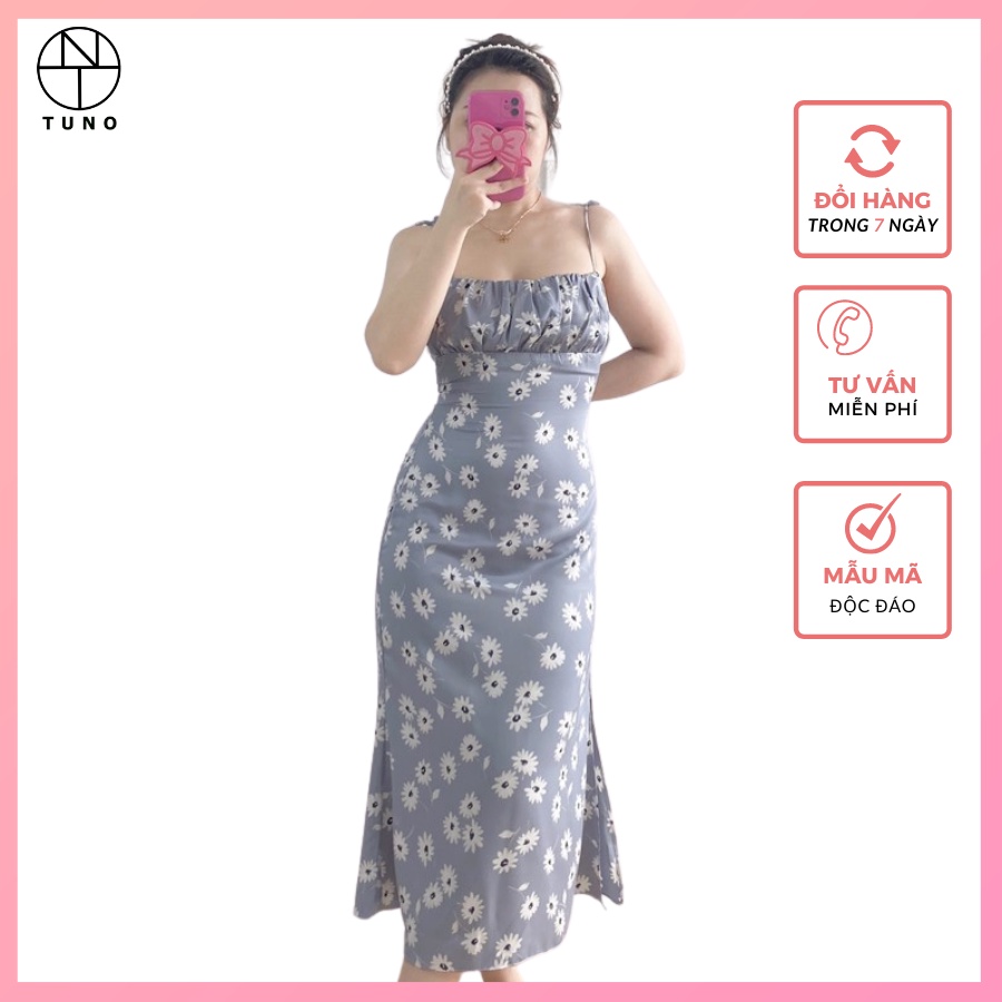 Đầm hoa dài 2 dây đuôi cá xẻ tà TNV014