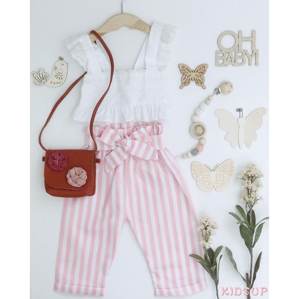 Set áo crop top + quần Legging kẻ sọc dễ thương cho bé gái