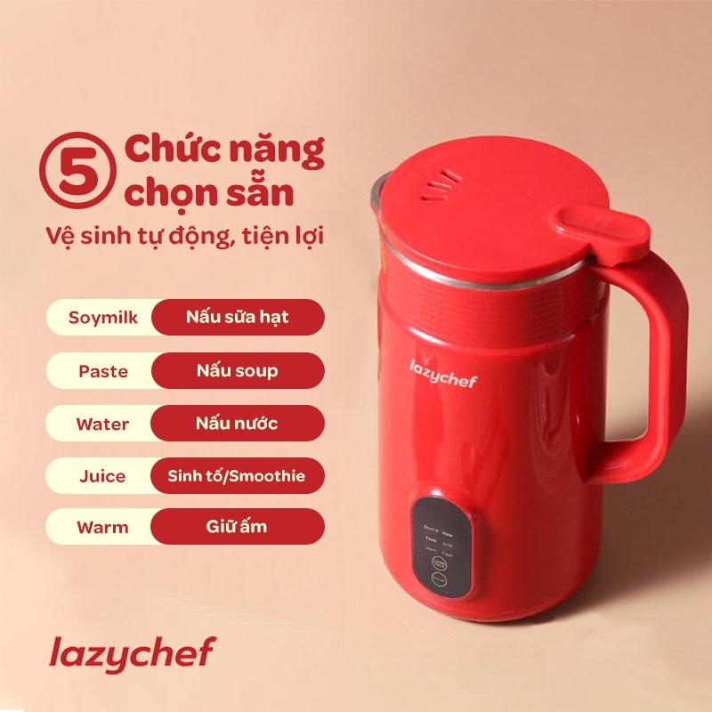 Máy xay nấu sữa hạt đa năng 5 in 1 Lazychef 800ml, bảng điều khiển tiếng việt dễ sử dụng bảo hành chính hãng 24 tháng